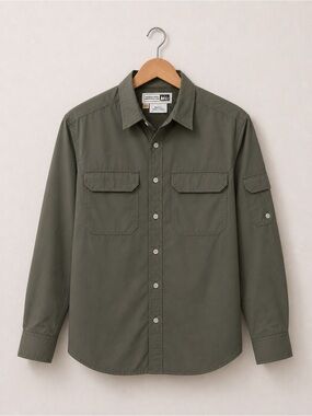 REI Men's Olive Green Safari Utility Long Sleeve Button Down Shirt W/Mesh Lining